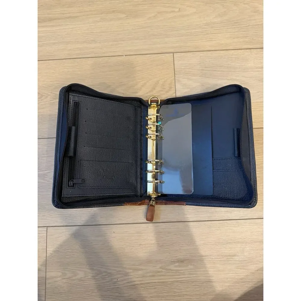 Vintage Franklin Quest Leather Planner Binder Organizer Pebbled Navy Blue w/Tan